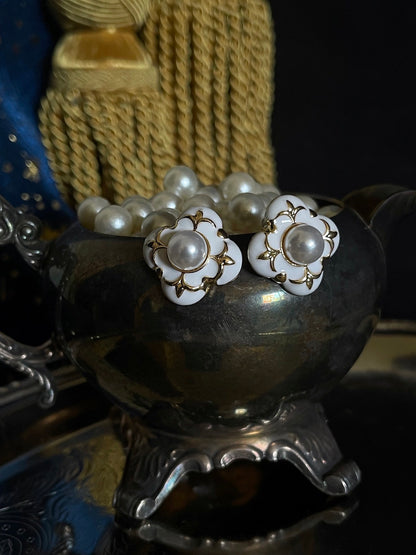 Medieval & Renaissance Inspired Quatrefoil Earrings in White Enamel with Pearl Detail and Gold Decoration