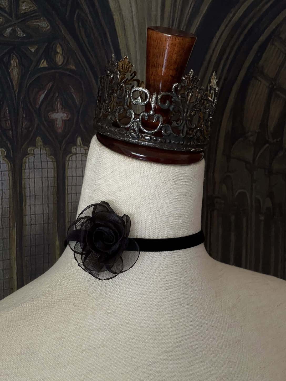 A Historically Inspired Victorian Style Ballerina Velvet Ribbon Rosette Choker Necklace in Black.