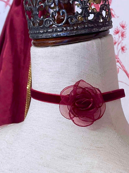 A Historically Inspired Velvet Ribbon Rosette Choker Necklace in Burgundy, claw clasp closure, victorian, regency, rococo, edwardian style.