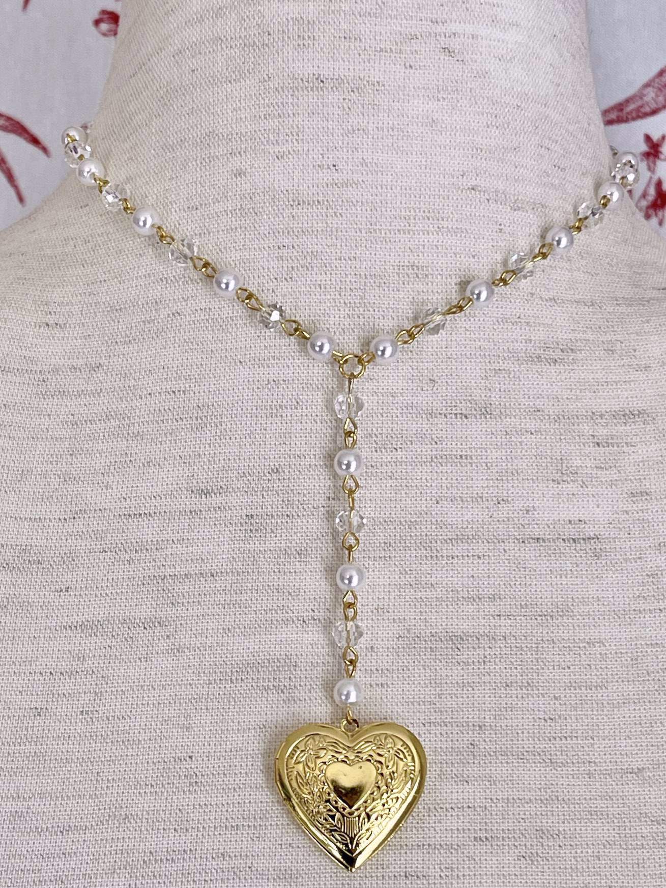 A Historically Inspired Romantic Era Heart Shaped Locket Necklace in Gold with pearl chain. Regency, Rococo, Victorian, Edwardian era jewelry.