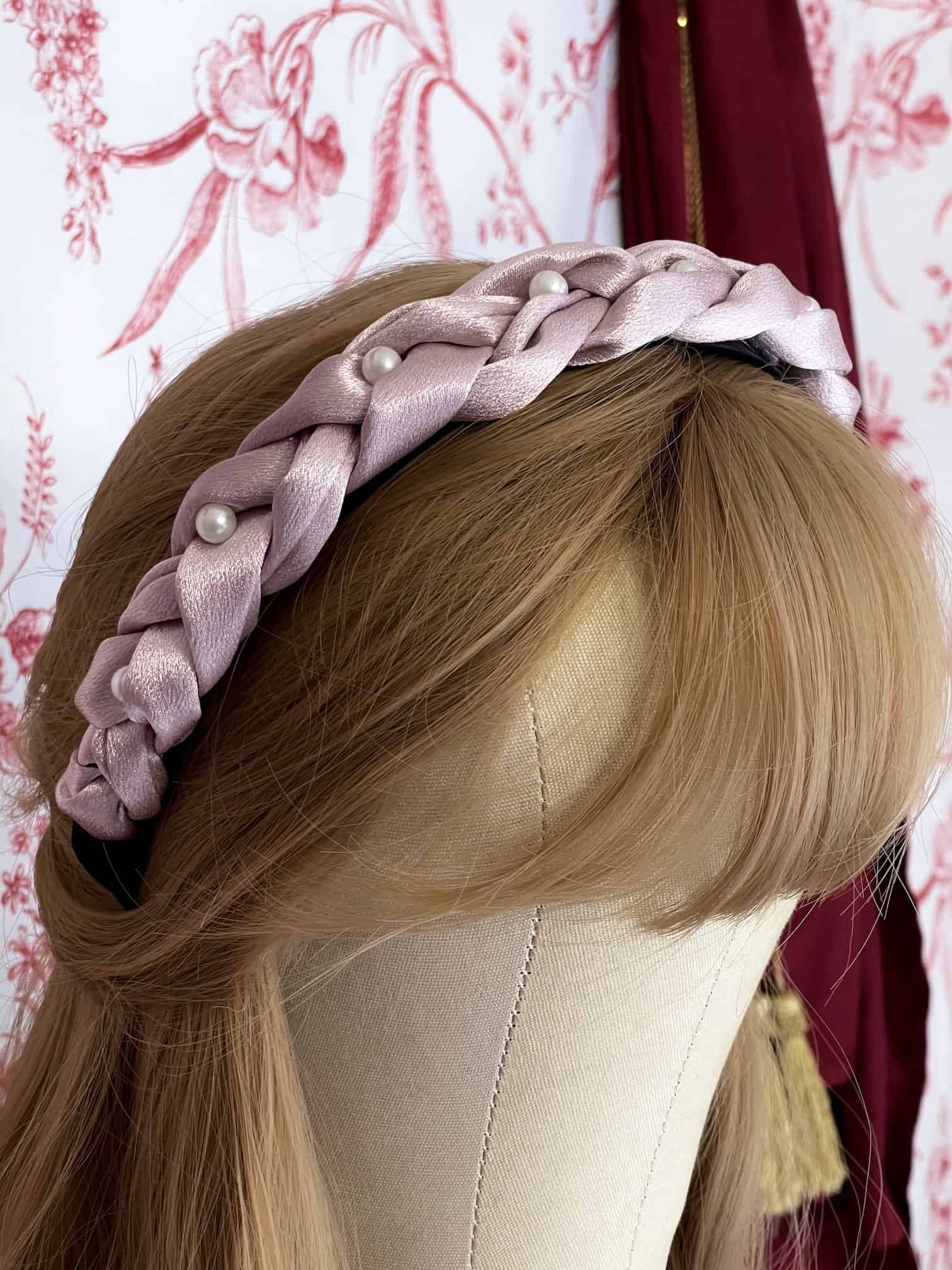 Historically Inspired Braided Satin Pearl Headband in Mauve for Edwardian, Victorian, Rococo, Regency, Baroque, and Renaissance fashion.