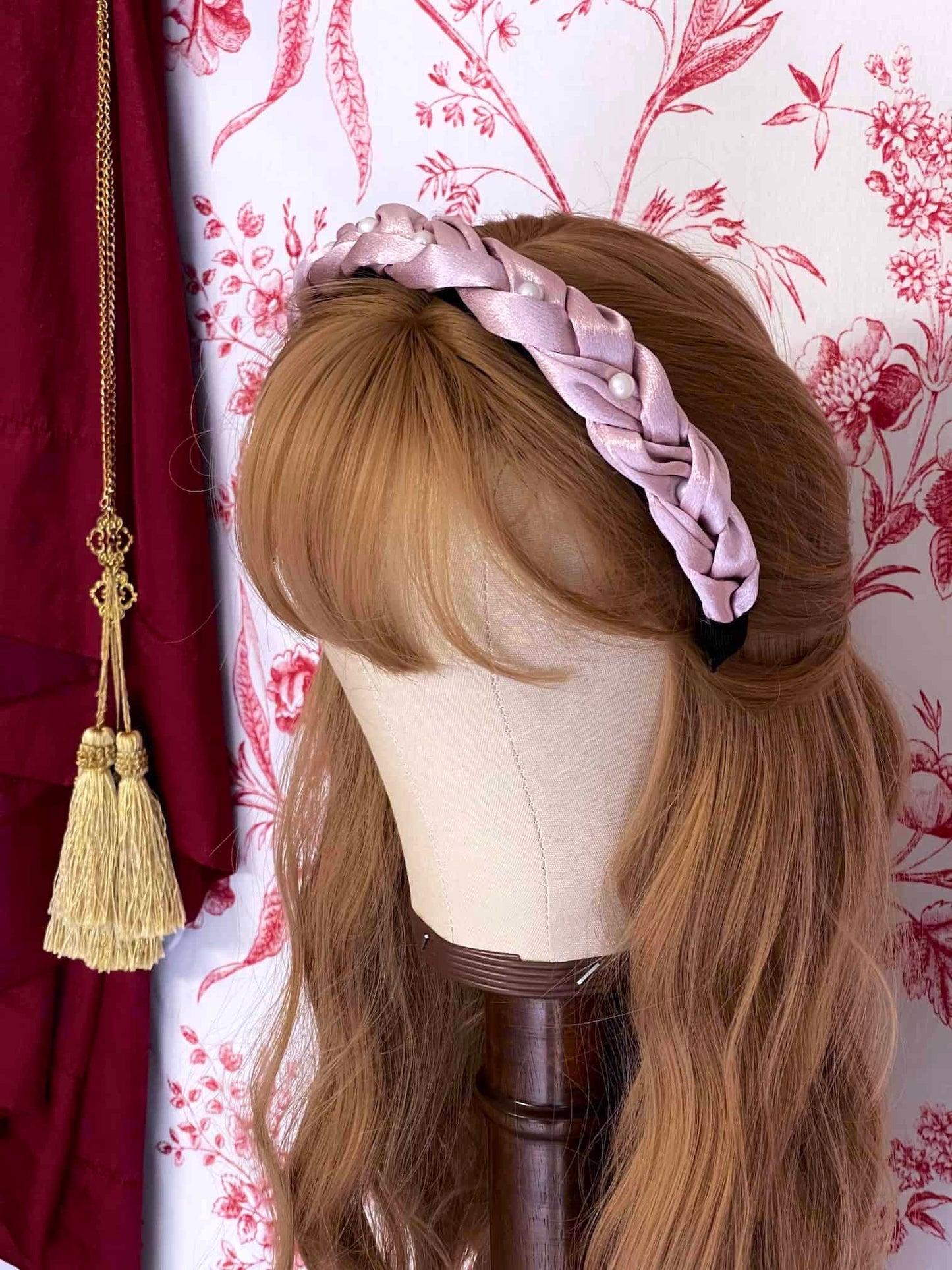 Historically Inspired Braided Satin Pearl Headband in Mauve for Edwardian, Victorian, Rococo, Regency, Baroque, and Renaissance fashion.