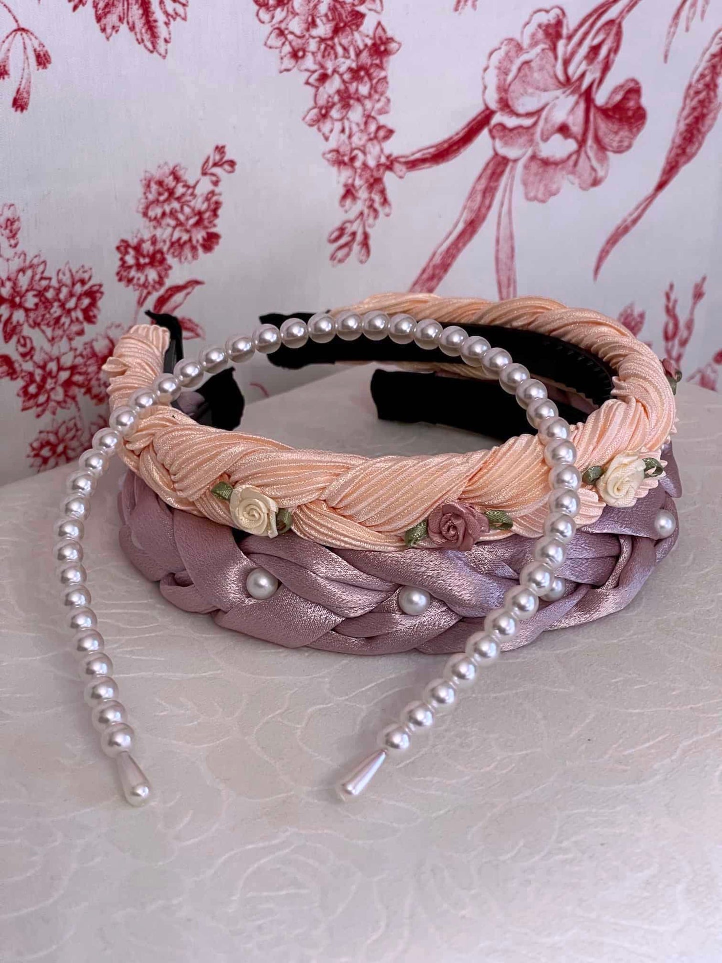 Historically Inspired Rococo & Regency Pearl Headband in White with other historical headbands.