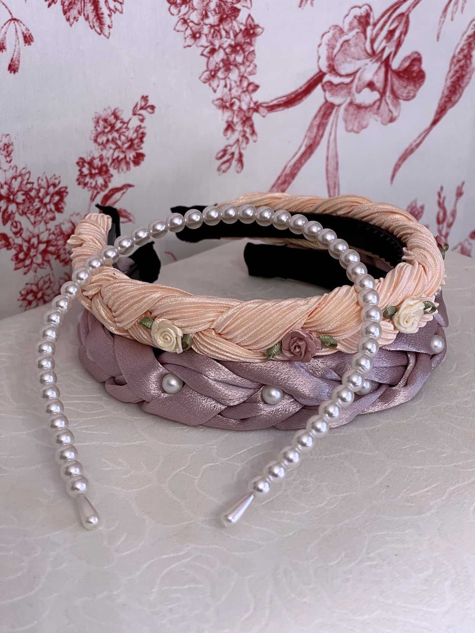 Historically Inspired Rococo & Regency Pearl Headband in White with other historical headbands.