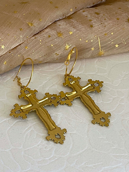 Historically inspired medieval renaissance baroque victorian large ornate metal cross earrings in gold. Floral design.