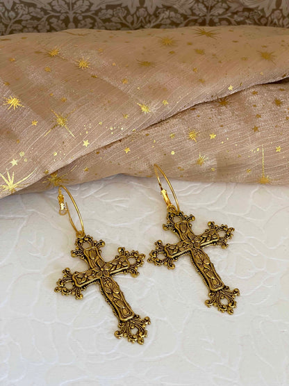 Historically inspired medieval renaissance baroque victorian large ornate metal cross earrings in gold. Floral design.