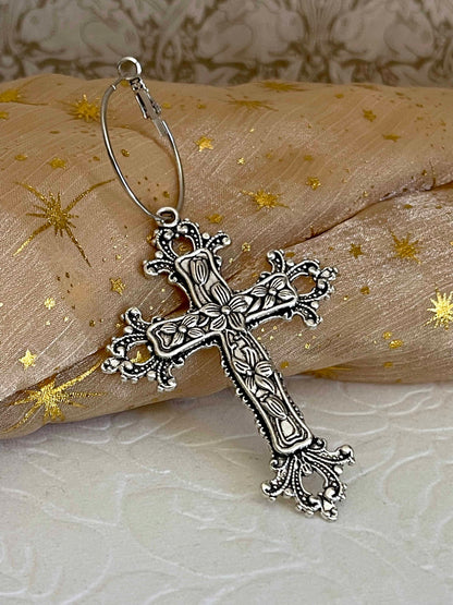 Historically inspired medieval renaissance baroque victorian large ornate metal cross earrings in silver. Floral design.