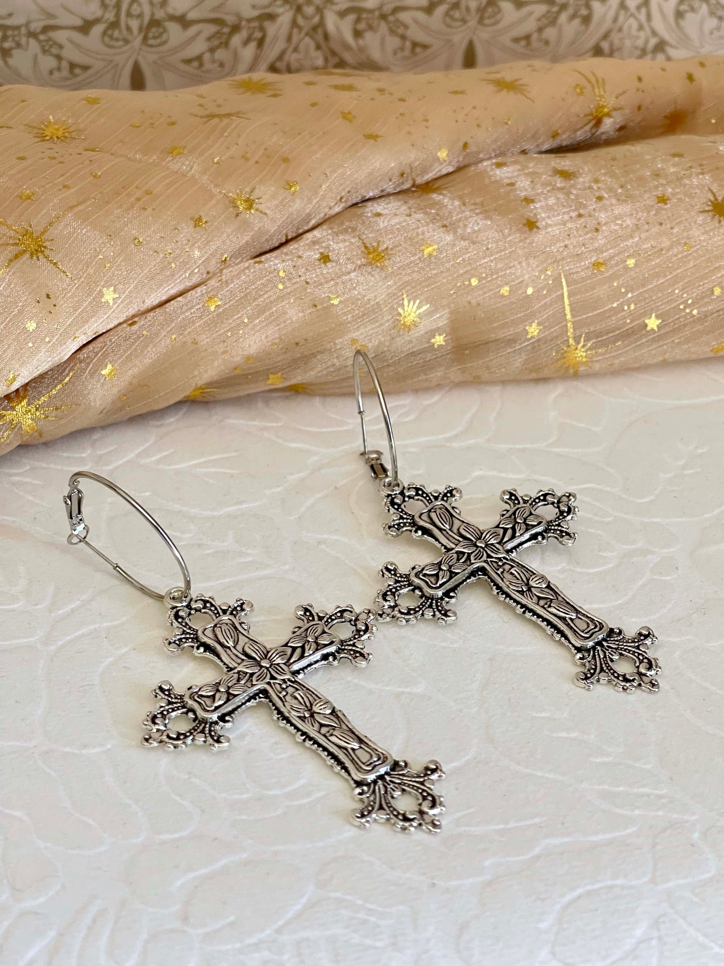 Historically inspired medieval renaissance baroque victorian large ornate metal cross earrings in silver. Floral design.