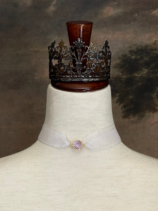 A Historically inspired fantasy ballerina nutcracker balletcore ribbon choker necklace with pastel purple gem.