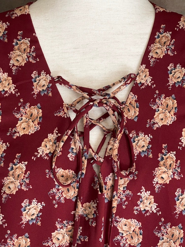 Historically Inspired Burgundy Rose Print Lace-Up Bell Sleeve Tunic Dress - Size M-L Historically Inspired Burgundy Rose Print Lace-Up Bell Sleeve Tunic Dress - Size M-L