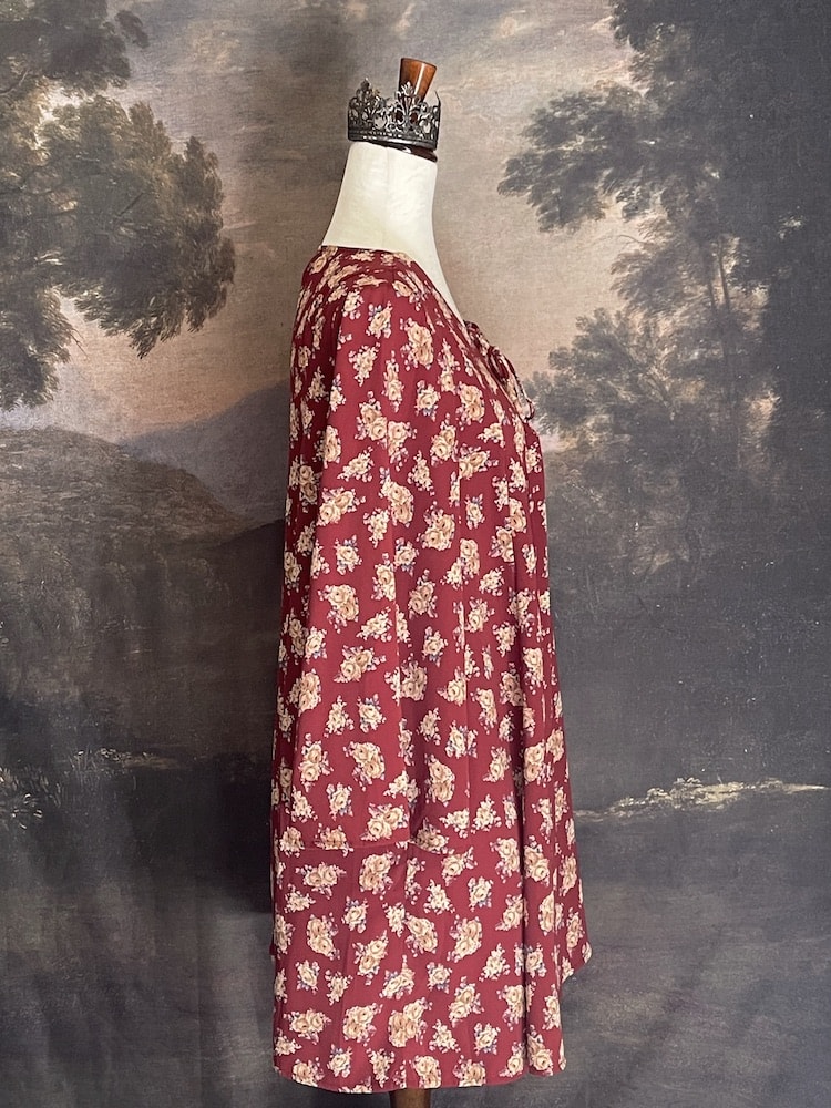 Historically Inspired Burgundy Rose Print Lace-Up Bell Sleeve Tunic Dress - Size M-L Historically Inspired Burgundy Rose Print Lace-Up Bell Sleeve Tunic Dress - Size M-L