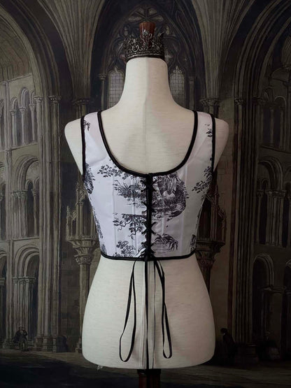 A Pair of Baroque & Rococo Era Gothic Black & White Toile Corset Stays with Satin Bowtied Ribbons.