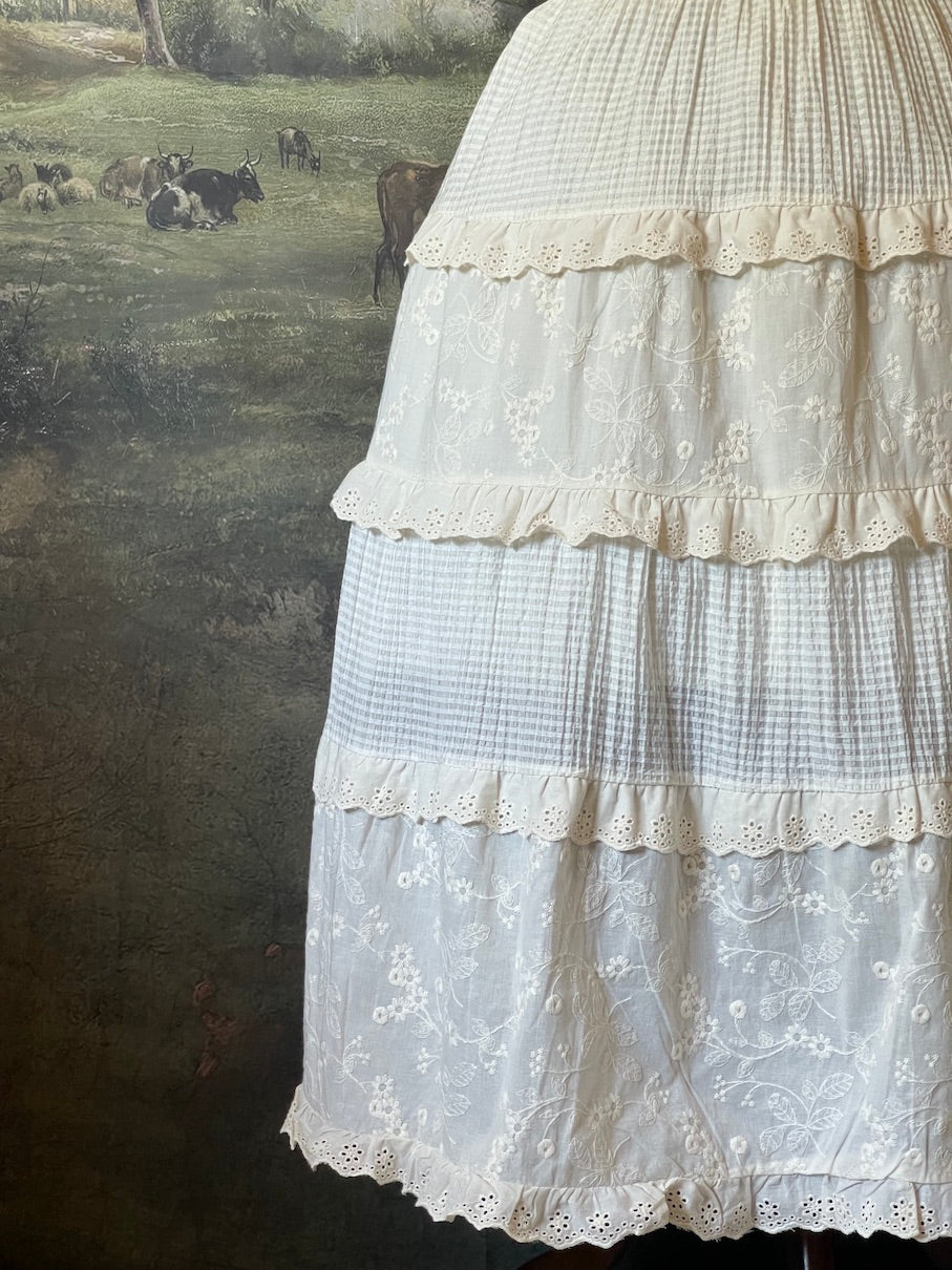 A Historically Inspired floral embroidered lace tiered maxi skirt, perfect for cottagecore victorian, edwardian, renaissance, and medieval looks.