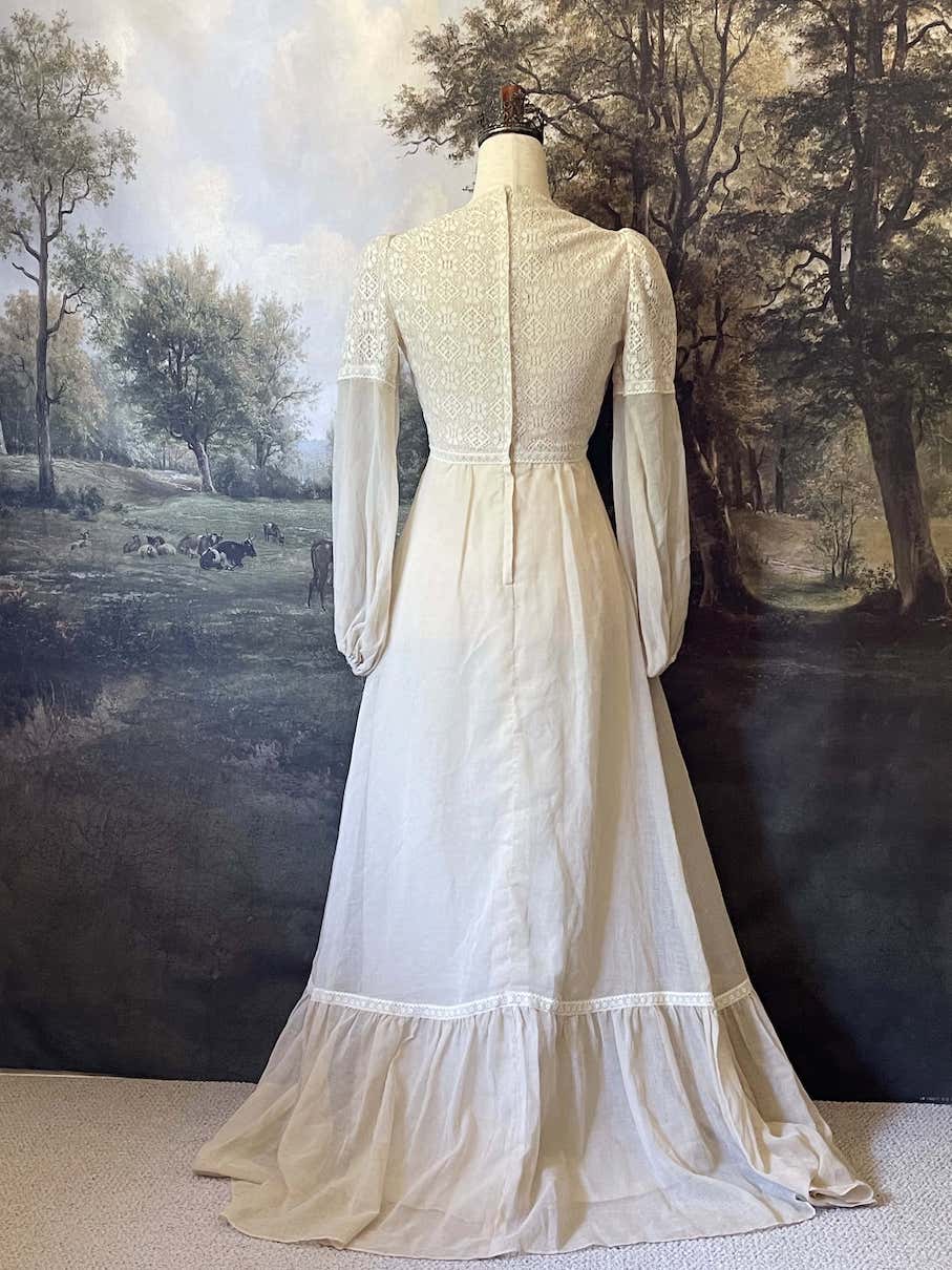 Vintage 1970's Audrey Marlett Maxi Prairie Dress with Historically-inspired details, long juliet bishop sleeves, lace sweetheart bodice, crochet lace trim. Edwardian and renaissance style.