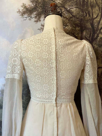 Vintage 1970's Audrey Marlett Maxi Prairie Dress with Historically-inspired details, long juliet bishop sleeves, lace sweetheart bodice, crochet lace trim. Edwardian and renaissance style.