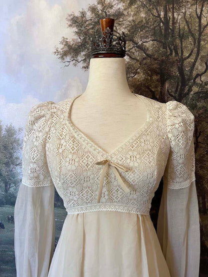 Vintage 1970's Audrey Marlett Maxi Prairie Dress with Historically-inspired details, long juliet bishop sleeves, lace sweetheart bodice, crochet lace trim. Edwardian and renaissance style.