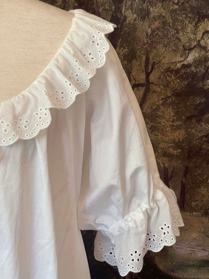 Historically Inspired vintage style Brushed Cotton Chemise Mini Babydoll Dress in White featuring floral lace trim, button-front, cinching ribbons.