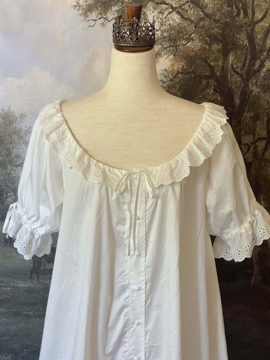 Historically Inspired vintage style Brushed Cotton Chemise Mini Babydoll Dress in White featuring floral lace trim, button-front, cinching ribbons.