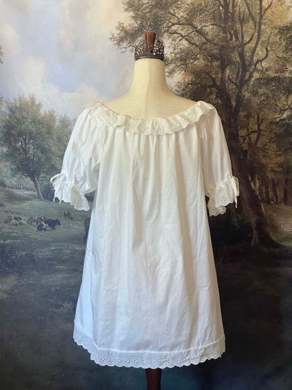 Historically Inspired vintage style Brushed Cotton Chemise Mini Babydoll Dress in White featuring floral lace trim, button-front, cinching ribbons.