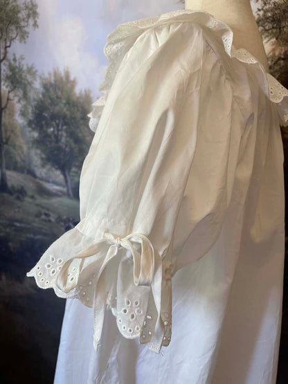Historically Inspired vintage style Brushed Cotton Chemise Mini Babydoll Dress in White featuring floral lace trim, button-front, cinching ribbons.