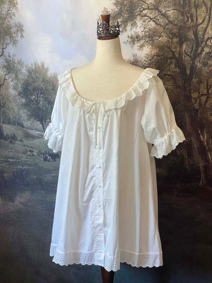 Historically Inspired vintage style Brushed Cotton Chemise Mini Babydoll Dress in White featuring floral lace trim, button-front, cinching ribbons.