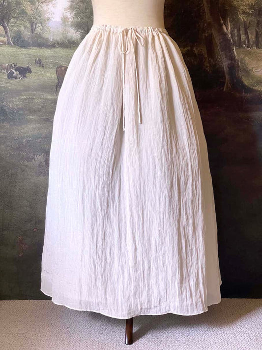 Historically inspired cream colored crepe maxi skirt with drawstring waist, perfect for victorian, edwardian, regency, rococo, baroque, renaissance, or medieval fashion.