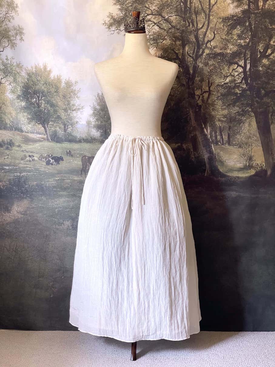 Historically inspired cream colored crepe maxi skirt with drawstring waist, perfect for victorian, edwardian, regency, rococo, baroque, renaissance, or medieval fashion.