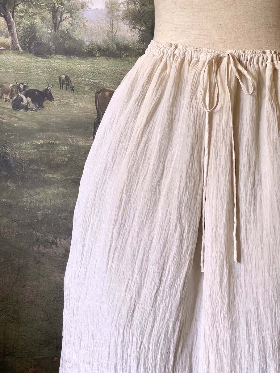 Historically inspired cream colored crepe maxi skirt with drawstring waist, perfect for victorian, edwardian, regency, rococo, baroque, renaissance, or medieval fashion.