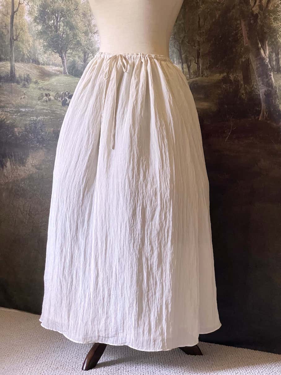 Historically inspired cream colored crepe maxi skirt with drawstring waist, perfect for victorian, edwardian, regency, rococo, baroque, renaissance, or medieval fashion.