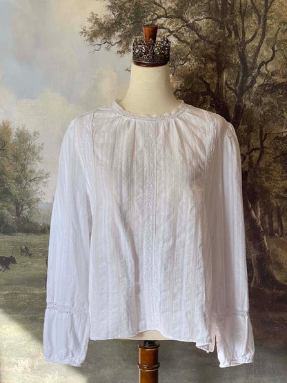 A Historically inspired white cotton blouse with embroidered lace and bishop sleeves for any era, edwardian, victorian, renaissance, medieval, baroque.