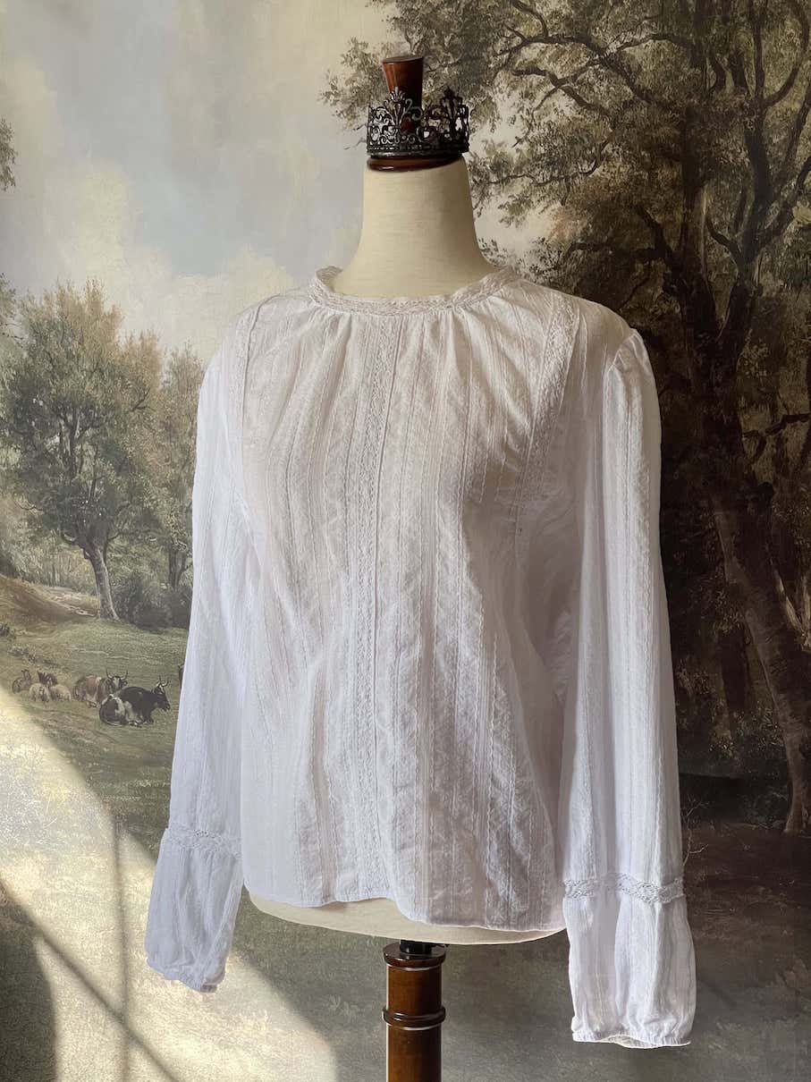 A Historically inspired white cotton blouse with embroidered lace and bishop sleeves for any era, edwardian, victorian, renaissance, medieval, baroque.