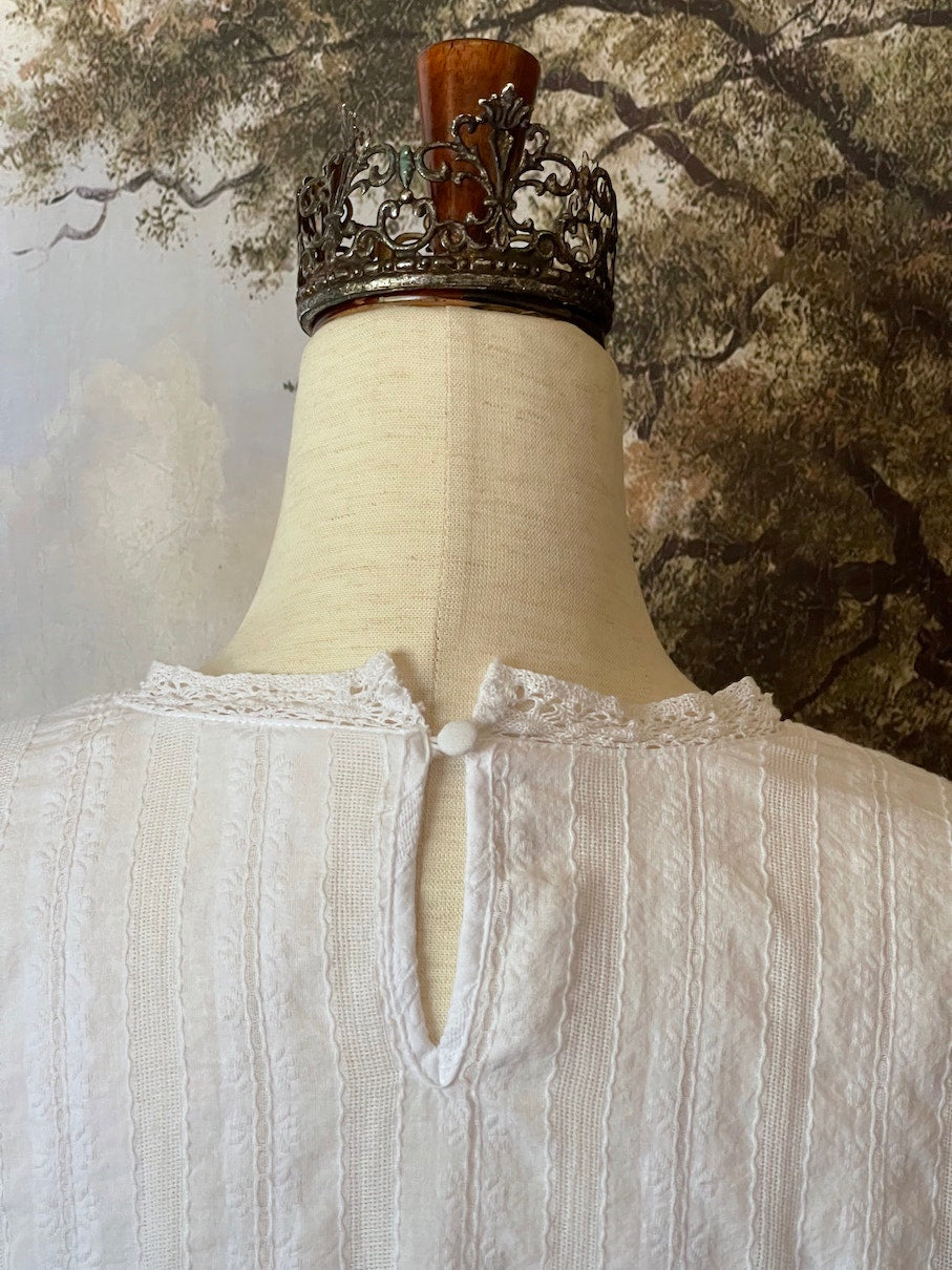 A Historically inspired white cotton blouse with embroidered lace and bishop sleeves for any era, edwardian, victorian, renaissance, medieval, baroque.