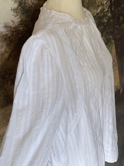 A Historically inspired white cotton blouse with embroidered lace and bishop sleeves for any era, edwardian, victorian, renaissance, medieval, baroque.