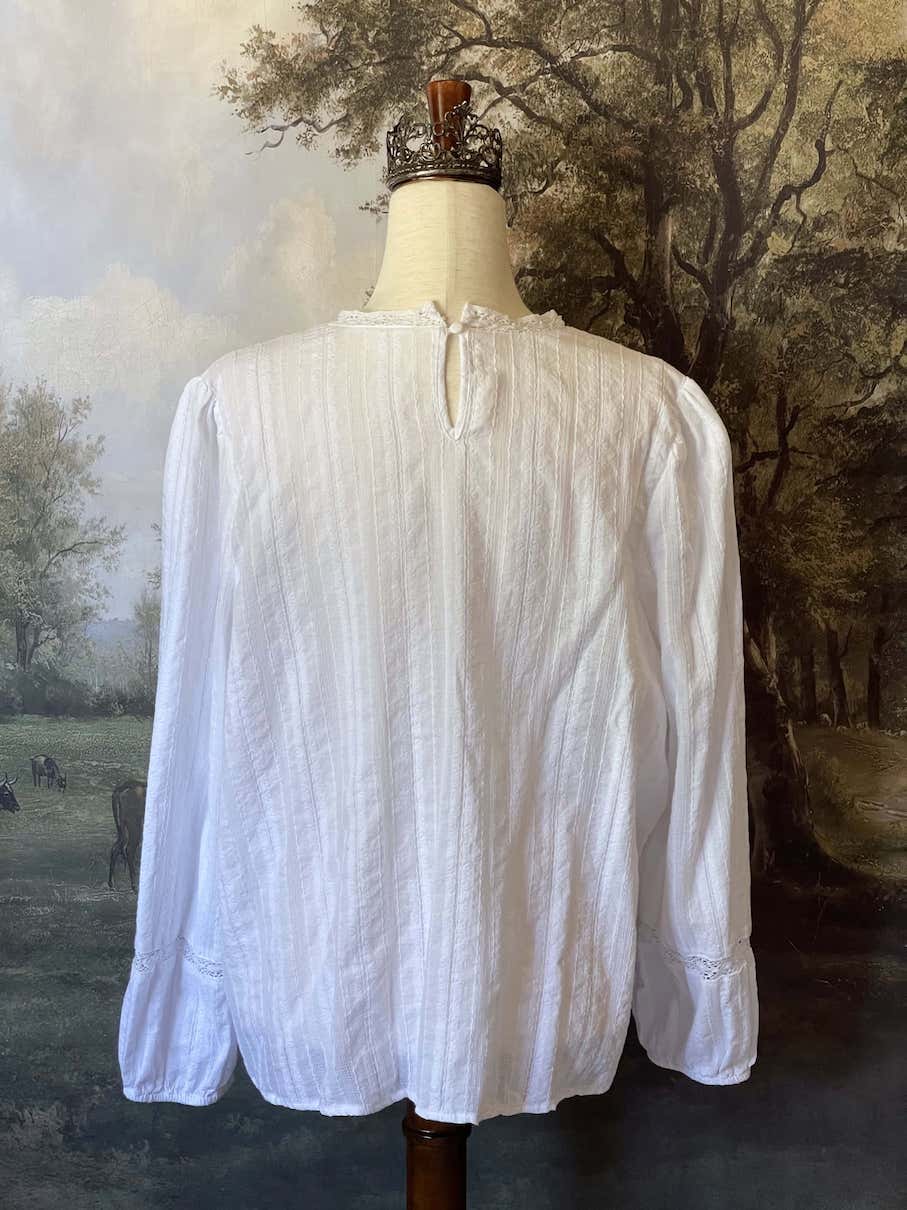 A Historically inspired white cotton blouse with embroidered lace and bishop sleeves for any era, edwardian, victorian, renaissance, medieval, baroque.