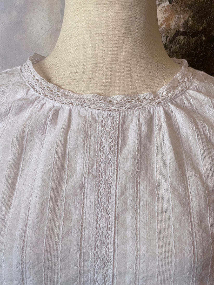 A Historically inspired white cotton blouse with embroidered lace and bishop sleeves for any era, edwardian, victorian, renaissance, medieval, baroque.