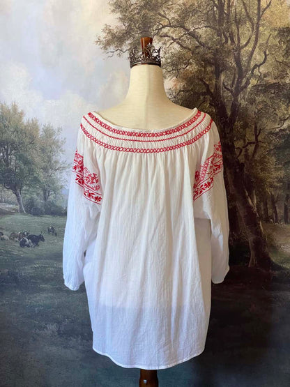 A Historically inspired plus size White & Red Bavarian Embroidery Long Sleeve medieval renaissance Peasant Tunic Blouse .