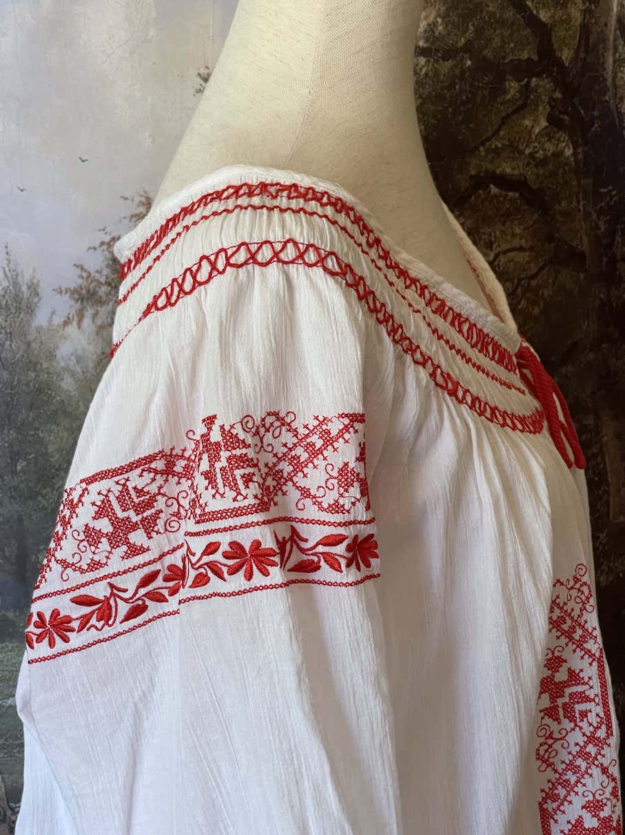 A Historically inspired plus size White & Red Bavarian Embroidery Long Sleeve medieval renaissance Peasant Tunic Blouse .