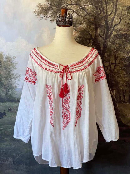 A Historically inspired plus size White & Red Bavarian Embroidery Long Sleeve medieval renaissance Peasant Tunic Blouse .