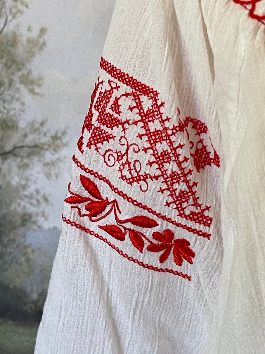 A Historically inspired plus size White & Red Bavarian Embroidery Long Sleeve medieval renaissance Peasant Tunic Blouse .