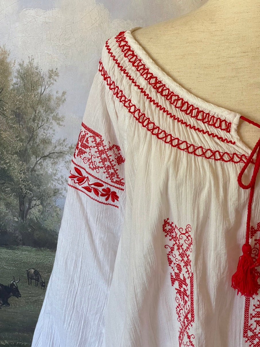 A Historically inspired plus size White & Red Bavarian Embroidery Long Sleeve medieval renaissance Peasant Tunic Blouse .