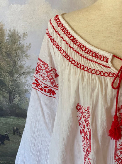 A Historically inspired plus size White & Red Bavarian Embroidery Long Sleeve medieval renaissance Peasant Tunic Blouse .