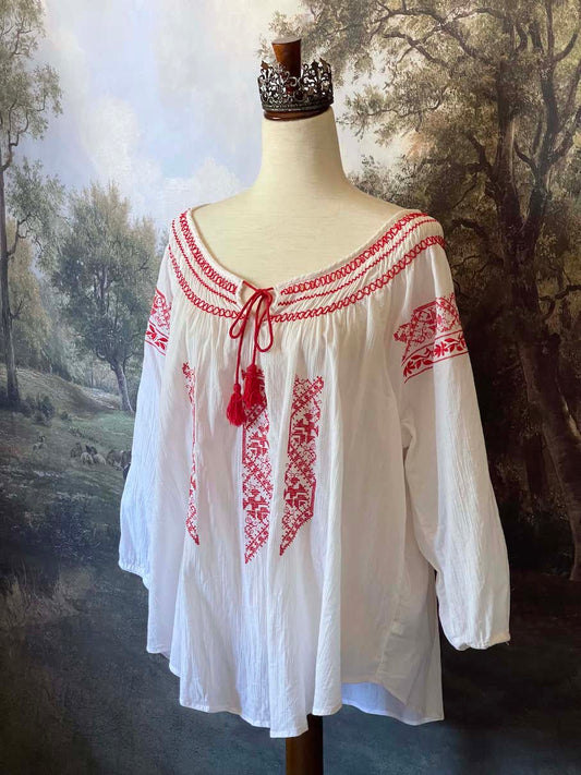 A Historically inspired plus size White & Red Bavarian Embroidery Long Sleeve medieval renaissance Peasant Tunic Blouse .