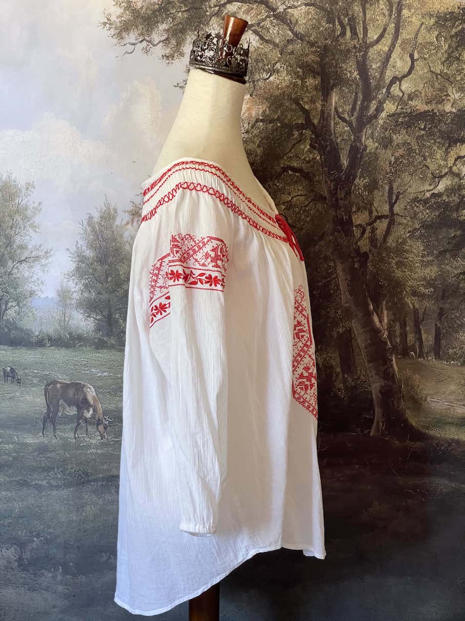 A Historically inspired plus size White & Red Bavarian Embroidery Long Sleeve medieval renaissance Peasant Tunic Blouse .