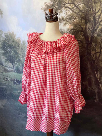 A Historically Inspired vintage style victorian countryside cottage gingham tunic dress in red and white, with ruffle collar and scalloped hem bishop sleeves.