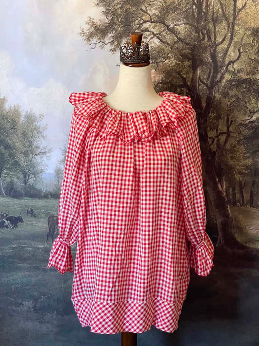 A Historically Inspired vintage style victorian countryside cottage gingham tunic dress in red and white, with ruffle collar and scalloped hem bishop sleeves.