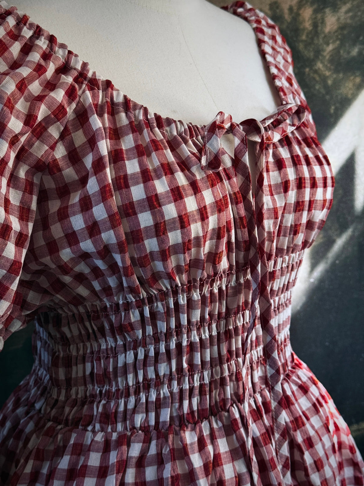 A red and white gingham midi dress with puff sleeves and a smocked waist, displayed on a mannequin, set against a dark vintage-style landscape backdrop.
