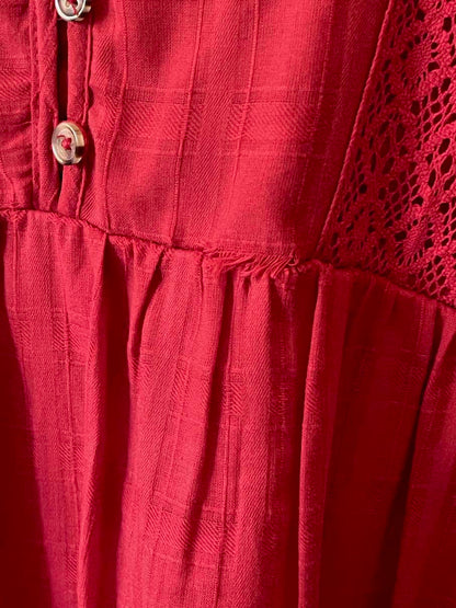 Historically Inspired Red Crochet Lace Peasant Dress with puff sleeves and tiered skirt. Renaissance & Medieval folk style.