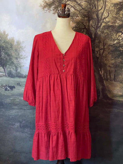 Historically Inspired Red Crochet Lace Peasant Dress with puff sleeves and tiered skirt. Renaissance & Medieval folk style.