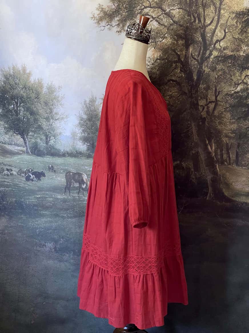 Historically Inspired Red Crochet Lace Peasant Dress with puff sleeves and tiered skirt. Renaissance & Medieval folk style.