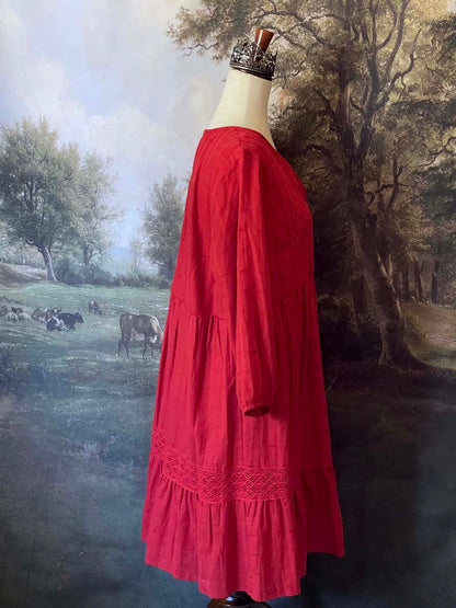 Historically Inspired Red Crochet Lace Peasant Dress with puff sleeves and tiered skirt. Renaissance & Medieval folk style.